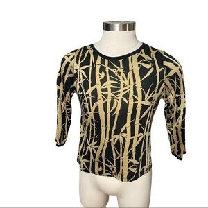 Lynn Ritchie Black & Gold Silk Bamboo & Leaves Print 3/4 Sleeve Blouse Top Sz L